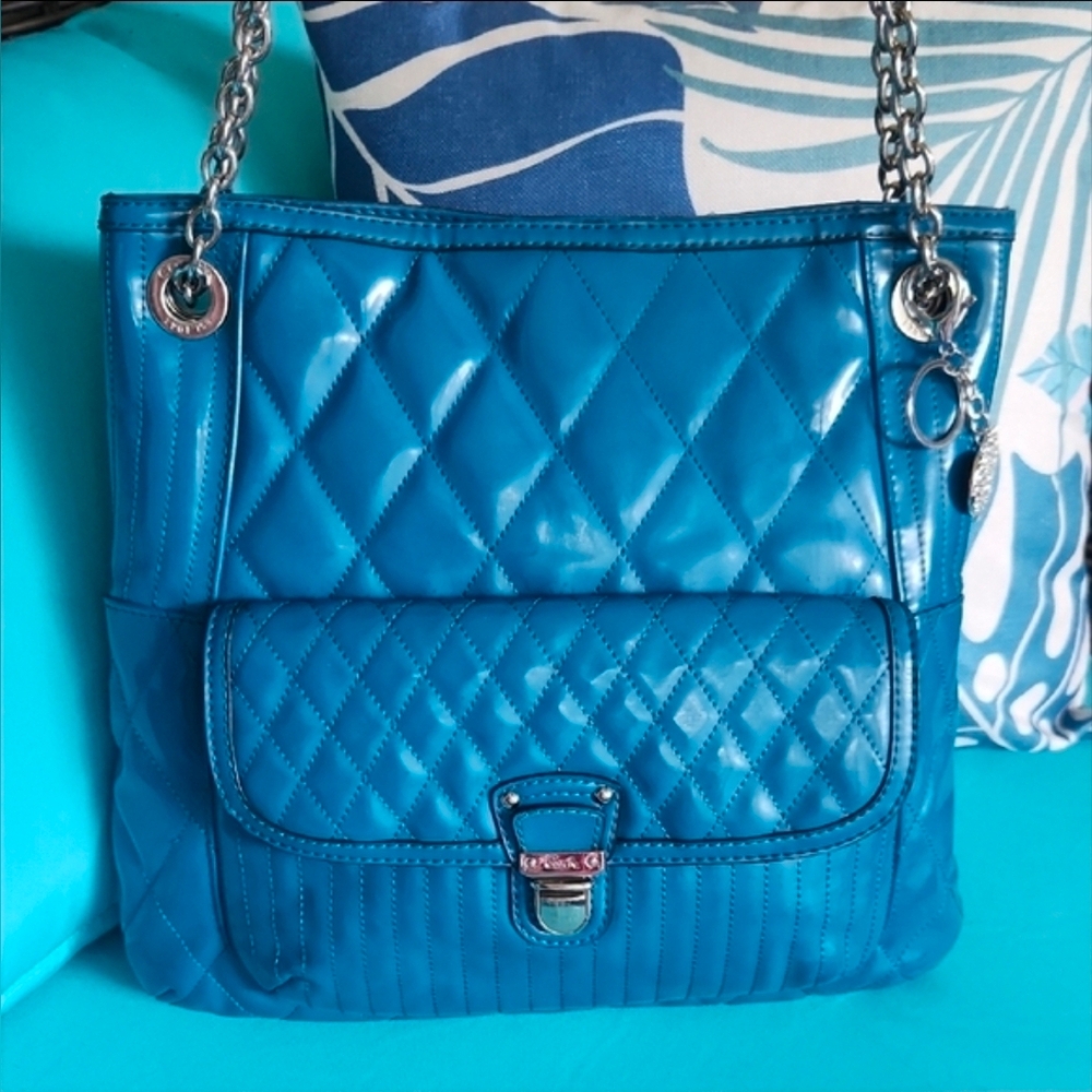 Coach Blue Quilted Patent Leather 2 Way Chain Strap Bag..Stunning Color!